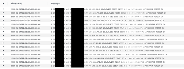 Screen shot of VPC Flow Log records in the AWS Cloud Watch Logs console